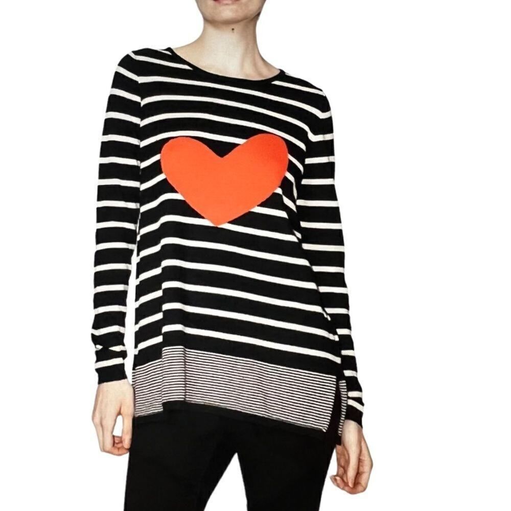 LISA TODD Women’s Cotton/Cashmere Blend Heart/Striped Sweater Black/White Small